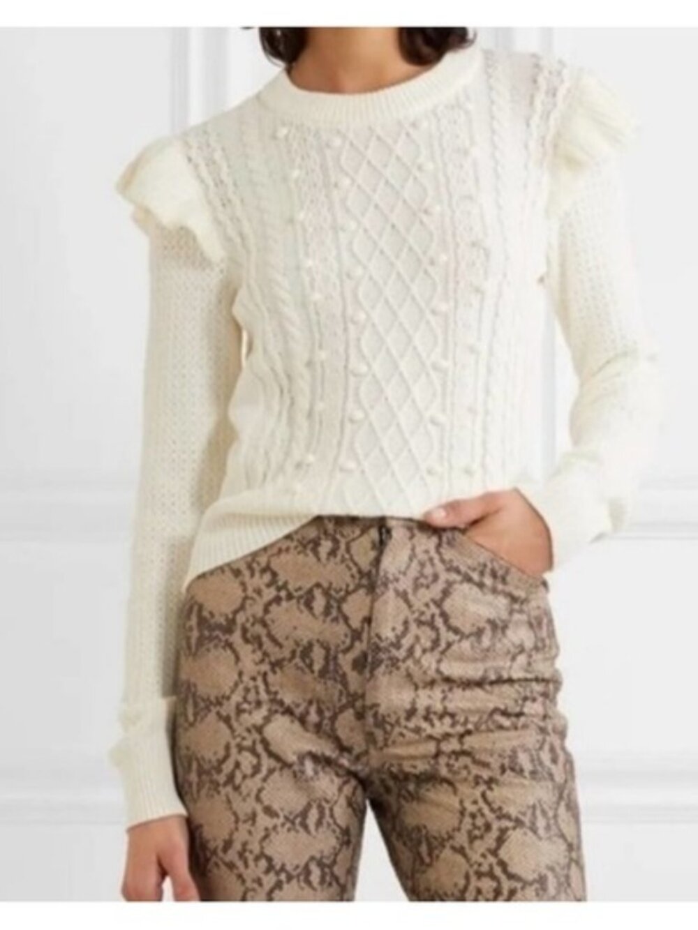 Veronica Beard Ivory Earl Crew Neck Cable Sweater